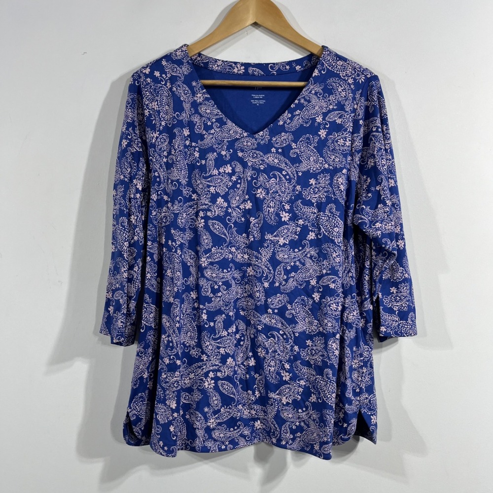 J. Jill Cottagecore Boho Pima Cotton 3/4 Sleeve V-Neck Tee Blue Paisley XL Artsy